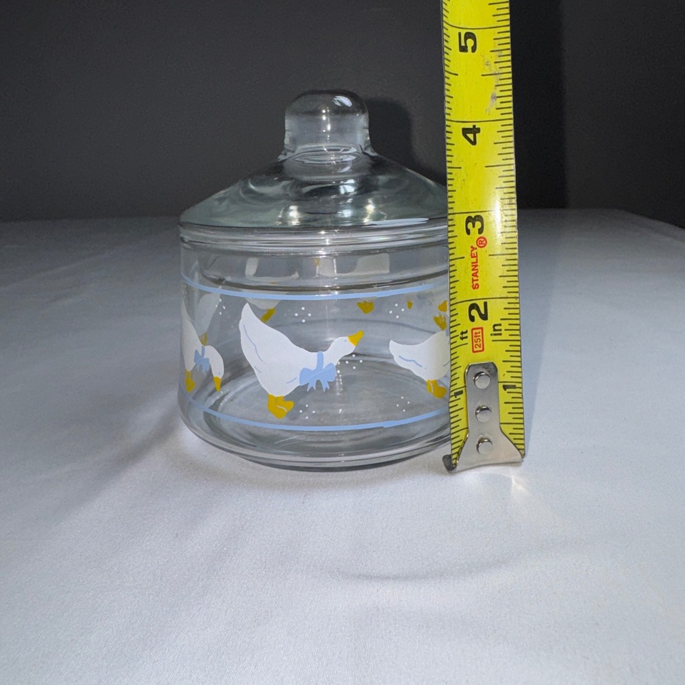 Vintage Clear Glass Goose Canister Jar with Lid White Geese Blue Bows 4.5 Inch - Picture 6 of 8
